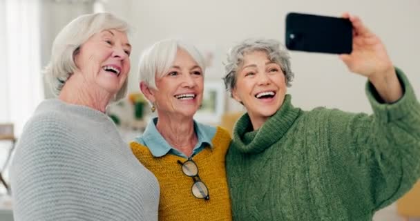 Selfie, fun and senior woman friends in a home for a visit during retirement together while looking happy. Social media, profile picture and smile with a group of elderly people bonding in a house. - Video