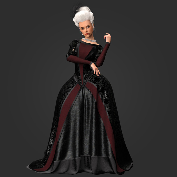 3D vykreslování ilustrace krásné nádherné regency viktoriánské fantasy žena v černém a červeném plášti s bílým práškovou parukou izolované na tmavém pozadí - Fotografie, Obrázek