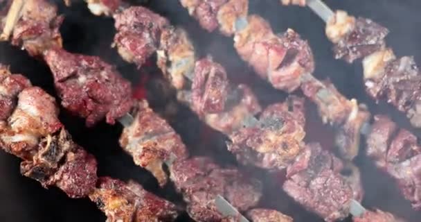 Rooster met stukjes varkensvlees of lamsribbetjes buiten in brand. Schotel op kolen - Video