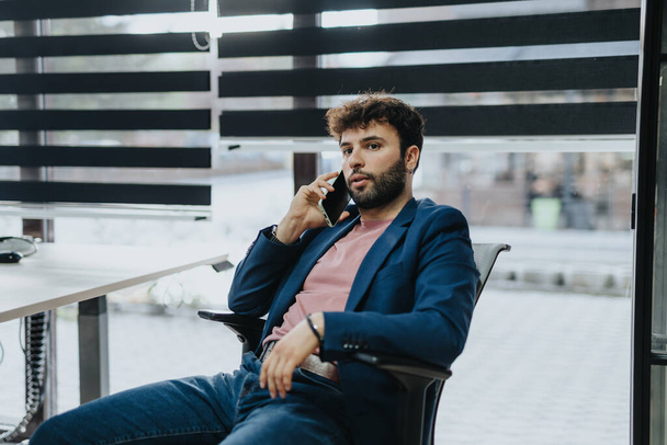 Stijlvolle zakenman in gesprek met cliënt tijdens telefoongesprek op kantoor. - Foto, afbeelding