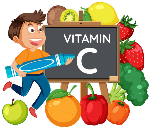 Karikatur eines männlichen Studenten, der von Vitamin-C-reicher Nahrung umgeben ist - Vektor, Bild