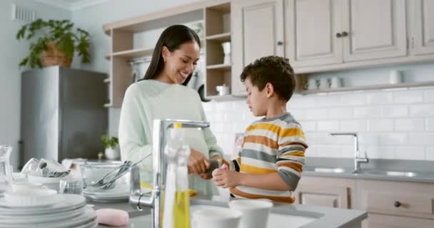 Maman, enseigner aux enfants et nettoyer la vaisselle dans la cuisine, la maison familiale et l'apprentissage des garçons, aider et laver avec du savon et de l'eau. Mère, fils et ensemble pour nettoyer et travailler sur les tâches ménagères. - Séquence, vidéo