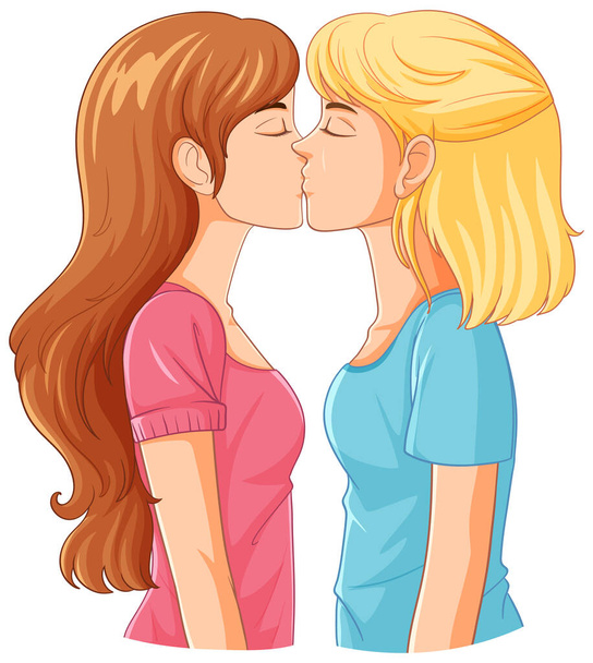 Leszbikus pár rajzfilm csók illusztráció - Vektor, kép