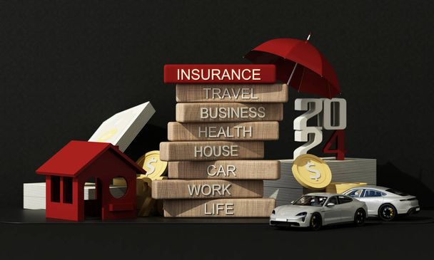 Concepto de seguro de protección y seguridad en el hogar Seguro de bienes raíces, automóviles y la vida de los miembros de la familia Incluida la planificación financiera en el nuevo año 2024. Ilustración de representación 3d - Foto, imagen