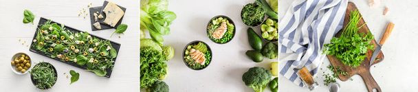 Набор зеленых овощей и здоровых блюд на светлом фоне - Фото, изображение