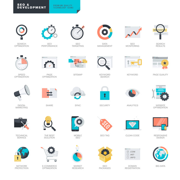 Set of modern flat design SEO and website development icons for graphic and web designers - Vector, Image