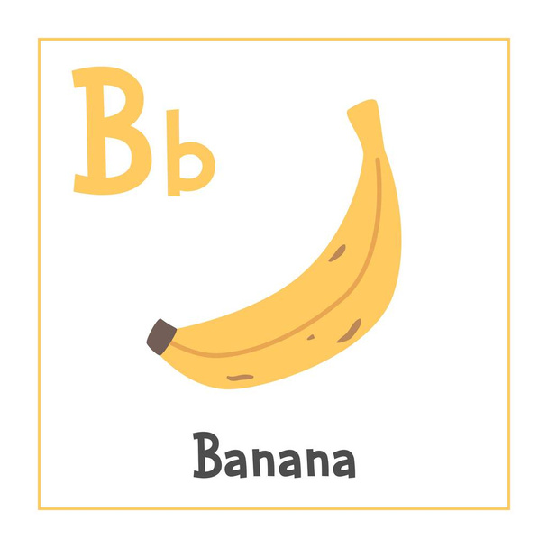 Banaaniklipsi. Banaani vektori kuvitus sarjakuva tasainen tyyli. Hedelmät alkavat B-kirjaimella Hedelmäaakkoskortti. B-kirjaimen oppiminen. Lasten koulutus. Söpö banaani vektori suunnittelu - Vektori, kuva