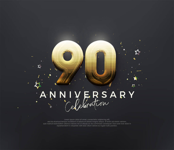 Oslava 90. výročí s lesklými zlatými čísly na černém pozadí. Prémiové vektorové pozadí pro pozdrav a oslavu. - Vektor, obrázek