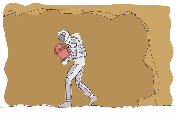 Jedna souvislá čára kreslí mladého astronauta nesoucího truhlu s pokladem z měsíčního podzemí. Kopání pokladů, proces růstu bohatství. Vesmírný kosmonaut. Vektorová ilustrace jednořádkového grafického návrhu - Vektor, obrázek