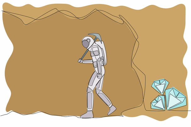 Jedna čára kreslí astronauta vzdát před dosažením diamanty. Přestaň kopat krumpáčem, protože skoro neznáš diamant. Vesmírný galaxický prostor. Kontinuální čára grafického návrhu vektorové ilustrace - Vektor, obrázek