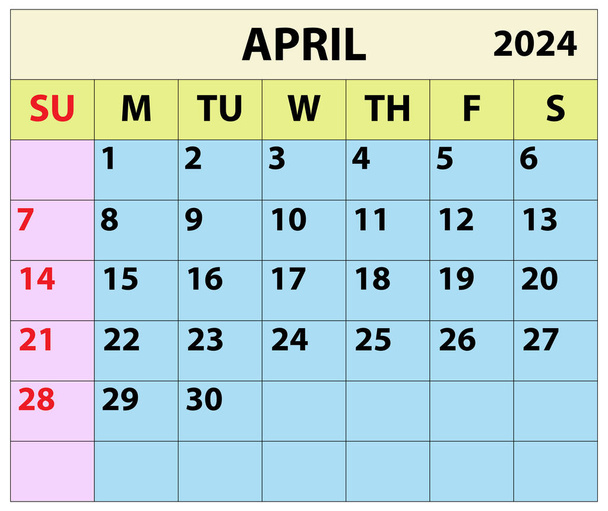2024 APRIL month calendar Color vector illustrator calendar design. simple minimal calendar. vector illustration. monthly calendar Design 2024. Life and Business Planner Organizer Schedule. - Vector, Image
