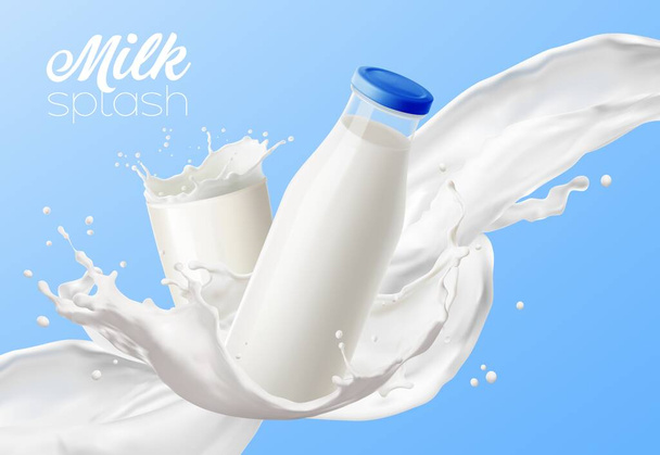 Milchflasche mit Wellenflussspritzer und Glasbecher, realistischer Vektor für Milchproduktverpackung. Frischmilch lange Welle von Verschütten oder Gießen mit Tropfen Explosion mit fliegender Glasflasche auf blauem Hintergrund - Vektor, Bild