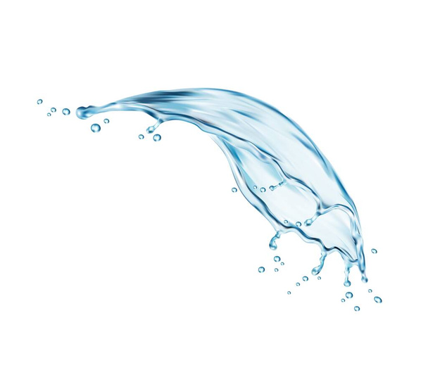 Salpicadura de onda de agua transparente de flujo líquido remolino con salpicaduras, vector aislado realista. Agua pura fría o bebida verter remolino con onda de flujo de explosión con gotas y gotas de agua con gas - Vector, imagen