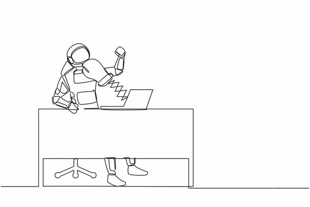 Una sola línea continua dibujando astronauta siendo golpeado por guantes de boxeo de computadora portátil en el escritorio de trabajo. Concepto de ciberacoso. Espacio profundo cosmonauta. ilustración vectorial de diseño gráfico de una línea - Vector, Imagen