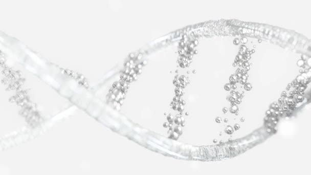 Hiukkasten DNA-molekyyli. on valkoinen ulkonäkö, läpinäkyvä. voidaan käyttää koulutuksessa, tieteessä tai kosmetiikkateollisuudessa tausta. Elementti animaatio saumaton silmukka. 3D-renderointi. - Materiaali, video