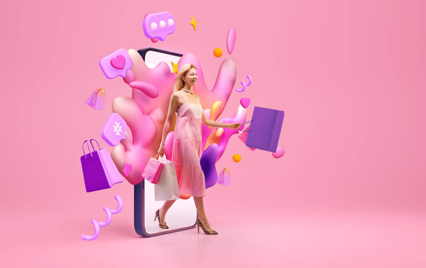 Δημιουργικό κολάζ με φωτογραφία και 3d μοντέλο τηλεφώνου, μόδας και κομψά ντυμένος γυναίκα βγει από 3d smartphone likes και μηνύματα απομονωμένο ροζ φόντο. Έννοια της περιόδου πωλήσεων, online αγορές - Φωτογραφία, εικόνα