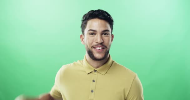 Green screen, face and man with hand pointing at you in studio for choice, offer or deal on mockup background. Recruitment, portrait and male model with emoji vote, selection or business opportunity. - Footage, Video