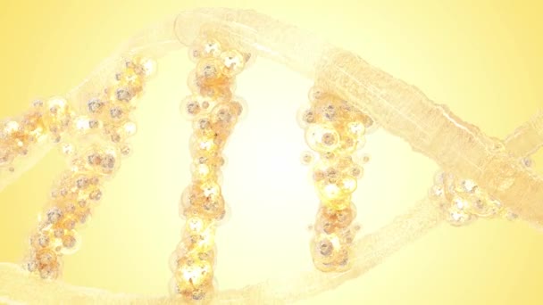 Молекула золотої ДНК, напівпрозора з частинок Вибірковий фокус на жовтому фоні та зеленому екрані. Наука або концепція косметичної промисловості. Анімація елементів, 3d рендеринг. - Кадри, відео
