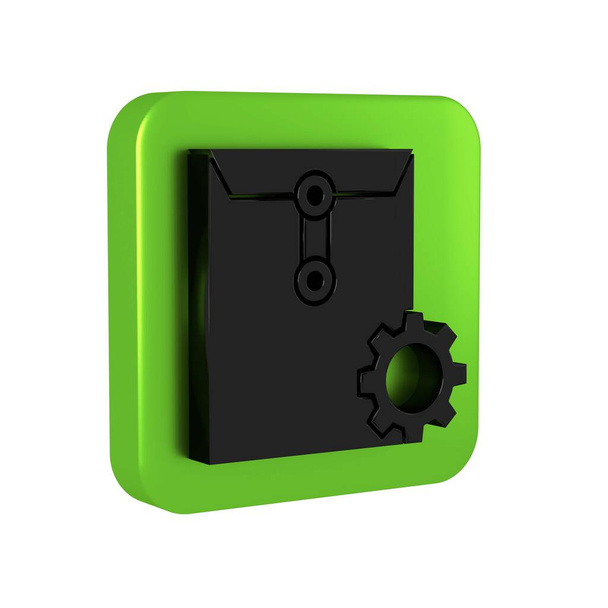 Czarna ikona ustawień koperty odizolowana na przejrzystym tle. Zielony przycisk kwadratowy. - Zdjęcie, obraz