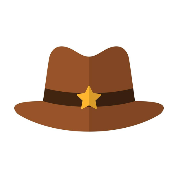 Cowboyhut-Symbol im flachen Stil isoliert auf weißem Hintergrund. Braune Sheriff-Kopfbedeckung. Wild-West-Element. Vektorillustration. - Vektor, Bild