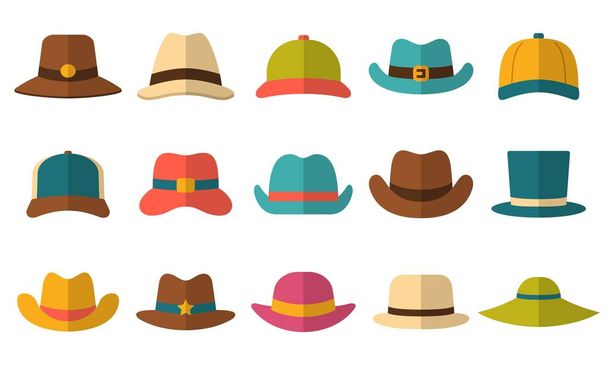 Hats icons set, female and male headwear, derby and cowboy, cap, panama and cylinder. Headdress collection flat style in various model stylish, vintage and modern. Vector illustration. - Vector, Image