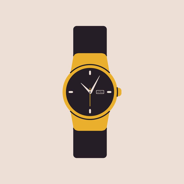 Мультфільм класичний золотий наручний годинник. Жіночий наручний годинник з шкіряним браслетом, плоский дорогий аксесуар часу золоті прикраси. Векторні ілюстрації. - Вектор, зображення