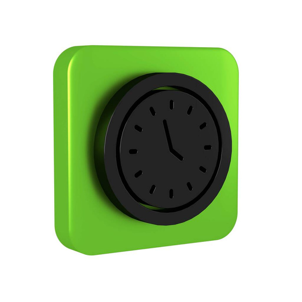 Μαύρο ρολόι εικονίδιο απομονώνονται σε διαφανές φόντο. Σύμβολο χρόνου. Πράσινο τετράγωνο κουμπί. - Φωτογραφία, εικόνα