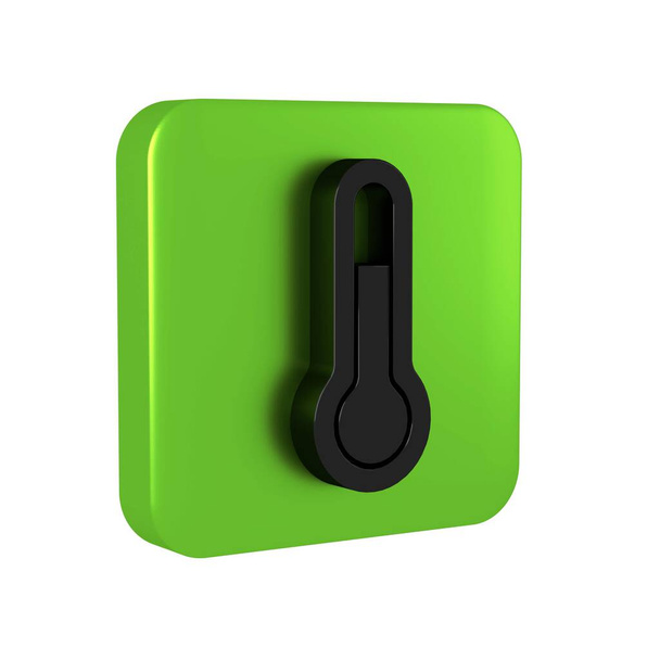 Чорний метеорологічний термометр вимірювальний значок ізольований на прозорому фоні. Термометр обладнання, що показує гарячу або холодну погоду. Зелена квадратна кнопка. - Фото, зображення