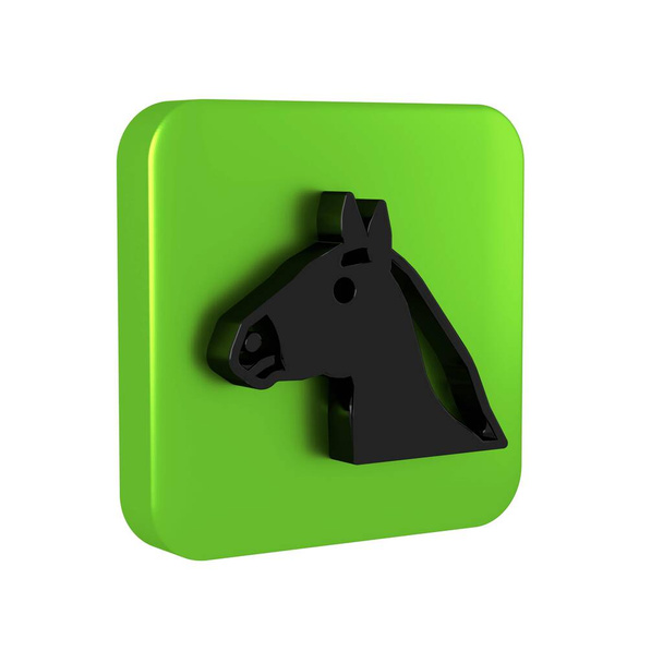 Czarna ikona głowy konia izolowana na przezroczystym tle. Symbol zwierzęcia. Zielony przycisk kwadratowy. - Zdjęcie, obraz