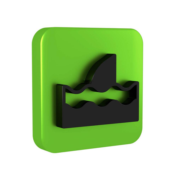 Barbatana de tubarão preto no ícone de onda oceânica isolado em fundo transparente. Botão quadrado verde. - Foto, Imagem