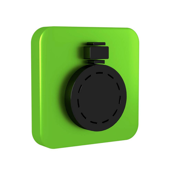 Μαύρο παγούρι μπουκάλι νερό εικονίδιο απομονώνονται σε διαφανές φόντο. Τουριστικό φλασκί. Βάζο της χρήσης του νερού στην εκστρατεία. Πράσινο τετράγωνο κουμπί. - Φωτογραφία, εικόνα