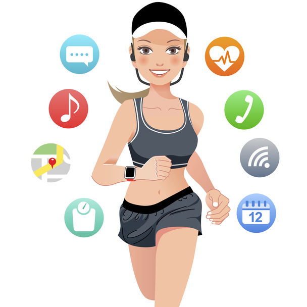 Υγεία αθλητισμού νεαρή γυναίκα που τρέχει με ρολόι έξυπνη συσκευή - Διάνυσμα, εικόνα
