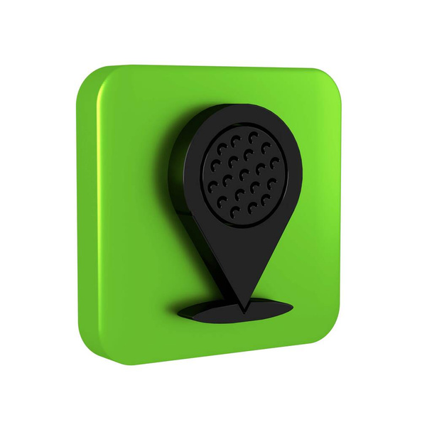 Pointeur de carte noir avec icône de club de golf isolé sur fond transparent. Bouton carré vert.. - Photo, image