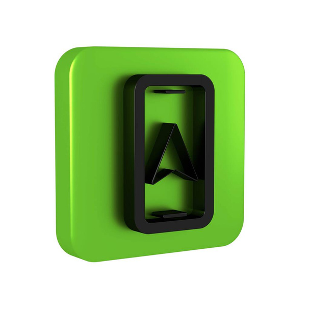 Black Infographic of city map navigation icon isolated on transparent background. Mobile App Interface concept design. Geolacation concept. Green square button. . - Photo, Image
