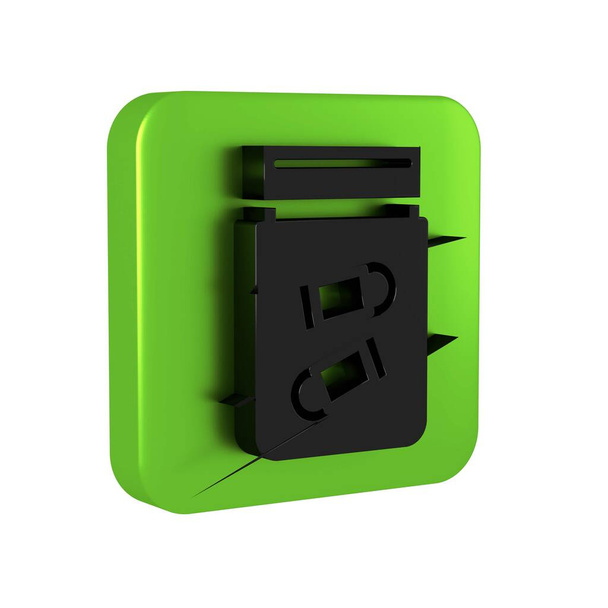 Черный пакет улик с иконкой пули изолирован на прозрачном фоне. Зеленая кнопка.. - Фото, изображение