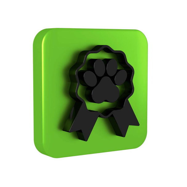 Black Pet palkinnon symboli kuvaketta eristetty läpinäkyvä tausta. Virkamerkki koiran tai kissan tassun tulostuksella ja nauhoilla. Mitali eläimestä. Vihreä neliö painike.. - Valokuva, kuva