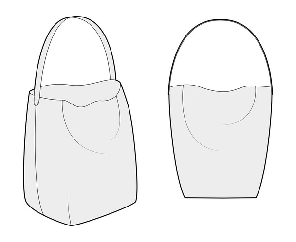 Τσάντα σιλουέτας του κουβά. Τεχνική απεικόνιση αξεσουάρ μόδας. Διανυσματική τσάντα μπροστά 3-4 προβολή για άνδρες, γυναίκες, στυλ unisex, επίπεδη τσάντα CAD mockup σκίτσο περίγραμμα απομονωμένο - Διάνυσμα, εικόνα