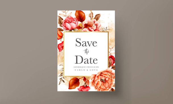 plantilla de invitación de boda con elegantes rosas de color marrón acuarela - Vector, imagen