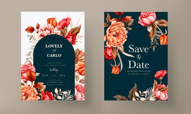plantilla de invitación de boda con elegantes rosas de color marrón acuarela - Vector, imagen