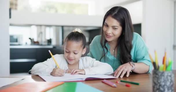 Mother, daughter and help or support with homework, learning and writing in notebook for education. Family, woman and girl child with teaching, tutor and parenting with conversation and development. - Footage, Video