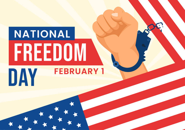 Kansallinen vapauspäivä vektori Kuva 1 Helmikuu USA lippu ja kädet käsiraudoissa kunnioittaa kaikkia, jotka palvelivat tasainen tausta - Vektori, kuva