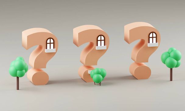 3d Cute little houses on grey background saying question marks. 3D render Illustration - Photo, Image