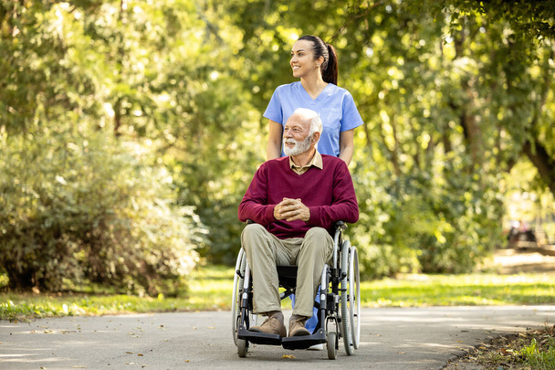 Assistente de enfermagem feminina e homem idoso em cadeira de rodas desfrutando de outono no parque. - Foto, Imagem