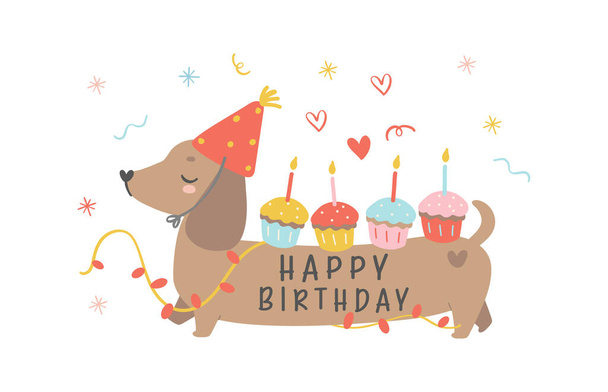 Χαριτωμένο σκυλί Dachshund γενεθλίων φορώντας καπέλο κόμμα και έχοντας cupcakes. Kawaii ευχετήρια κάρτα κινουμένων σχεδίων χέρι σχέδιο επίπεδη σχεδίαση γραφική απεικόνιση. - Διάνυσμα, εικόνα