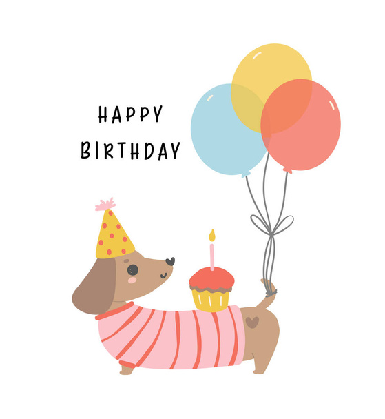 Χαριτωμένο σκυλί Dachshund Γενέθλια φορώντας καπέλο κόμμα και έχοντας μπαλόνια, γιορτάζει το κόμμα. Kawaii ευχετήρια κάρτα κινουμένων σχεδίων χέρι σχέδιο επίπεδη σχεδίαση. - Διάνυσμα, εικόνα