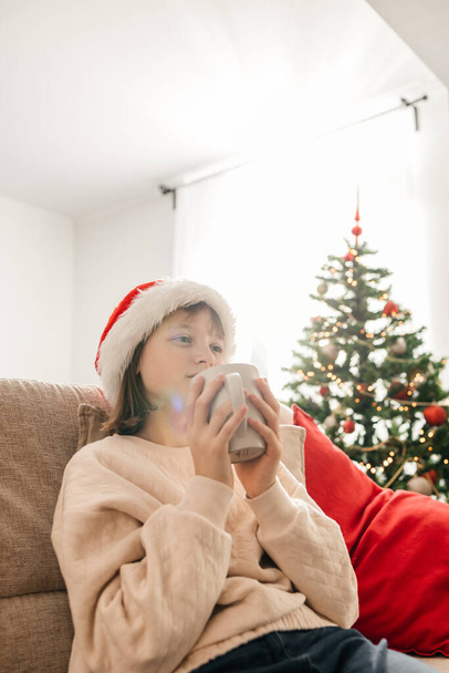 Genç bir kız oturma odasındaki kanepede Noel ağacının yanında otururken sıcak çikolata ya da kakao içer. Yılbaşı ve Noel 'i beklerken keyif ve rahatlama - Fotoğraf, Görsel