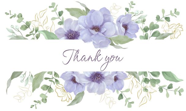 Watercolor floral thank you card. Hand drawn illustration isolated on white background. - Photo, Image