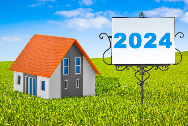 2024 Planejamento e gerenciamento de casa - Orçamento 2024, imposto, empréstimo, imobiliário, investimento imobiliário - Conceito de negócio e financeiro na atividade de construção e indústria da construção com modelo de casa - Foto, Imagem