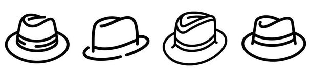 Ikony klobouku Fedora nastaveny. Fedora klobouk černá lineární ikona na bílém pozadí. Vektorová ilustrace - Vektor, obrázek