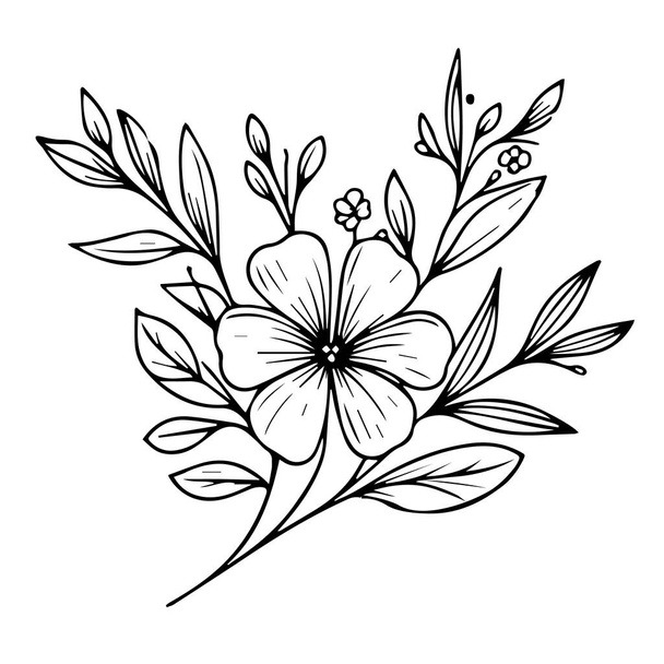 Roztomilé stránky zbarvení květin, perleťová kresba, žlutá kresba květin, ručně kreslené botanické jarní prvky kytice perleťových linií, jednoduchá kresba květin. Kataranthus nástěnné umění, jedinečné stránky zbarvení květin - Vektor, obrázek